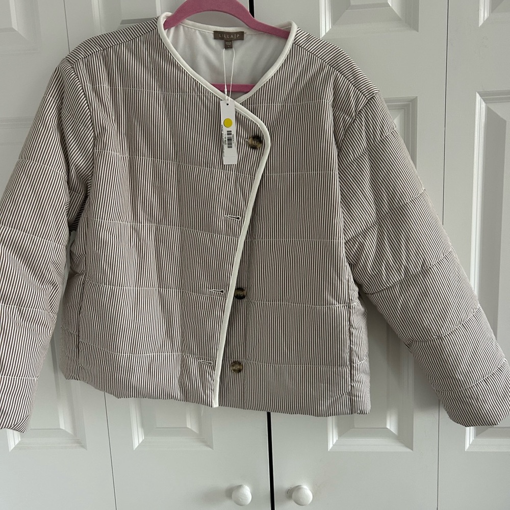 NWT LILLA P Collarless Striped Tan & White Women's Jacket Size L - Picture 3 of 6